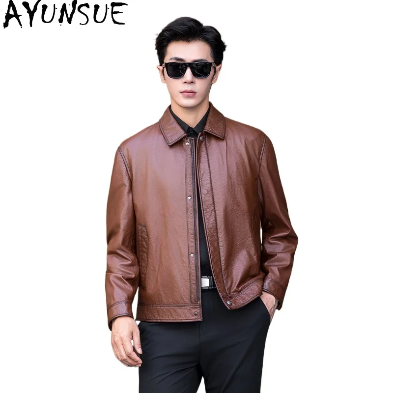 

AYUNSUE 100% Natural Cow Leather Jackets Man Clothing Vintage Casual Top Layer Cowhide Coat Lapel Short Leather Coat Chaquetas