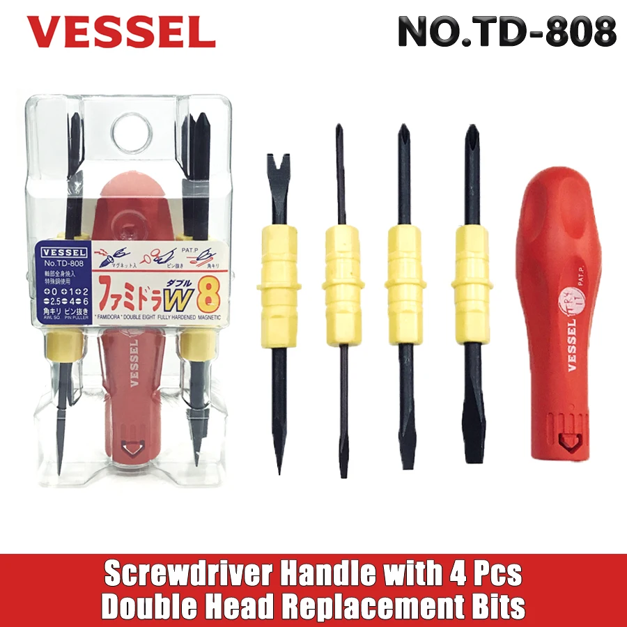 VESSEL TD-808 8-in-1 Screwdrivers Set Non-slip Screwdriver Handle with 4 Pcs Double Head Replacement Bits Repair Hand Tools