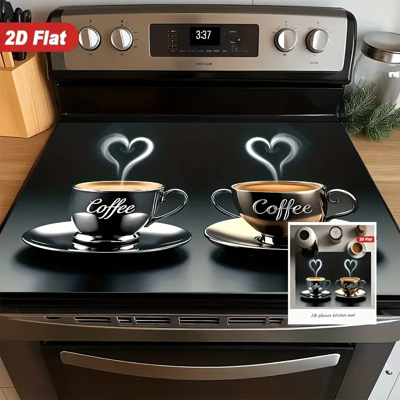 

Romantic Heart Coffee Cup Stove Top Cover, Non-Slip Heat Resistant Burner Cover, Elegant Coffee Lover Kitchen Mat for Electric