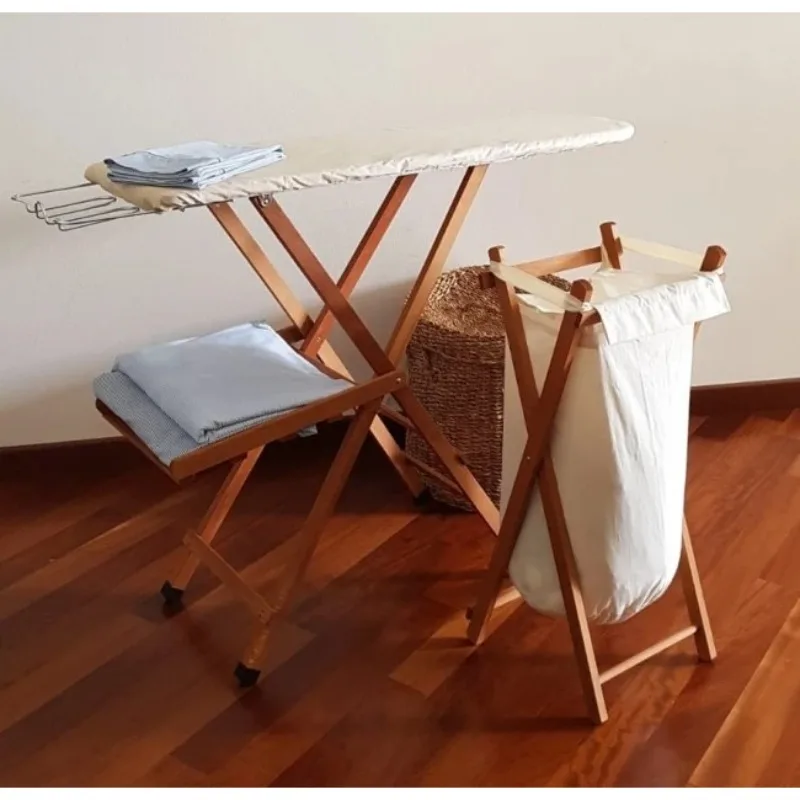 Set 2 pcs walnut ironing board and cloths-rack in beech wood and board in wood for ironing and laundry