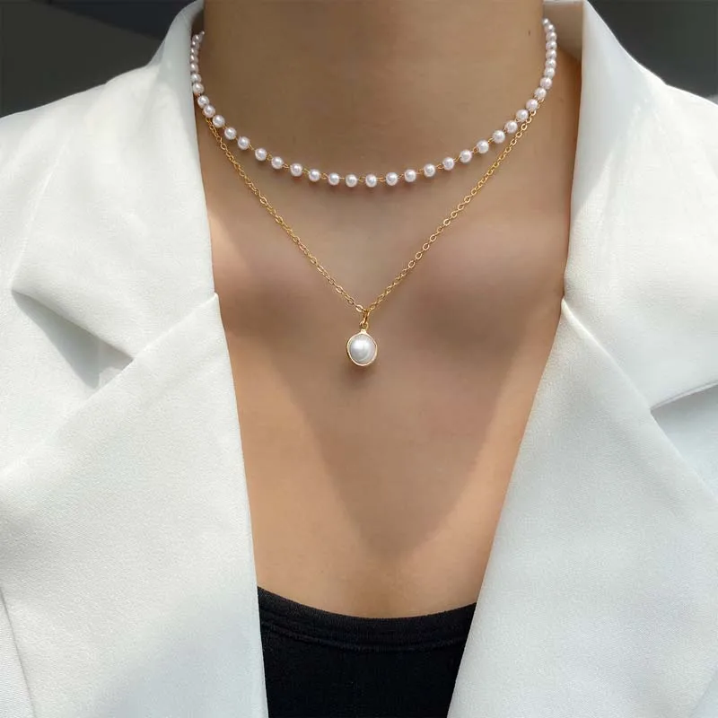 2024 New Fashion Gold Color Pearl Choker Necklace For Women Girl Simple Double Layer Neck Chain Necklace Jewelry Gift