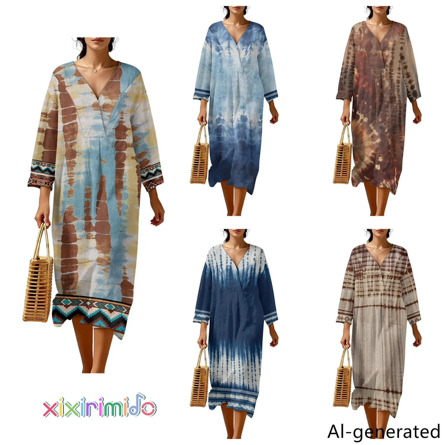 

2026 New Women's Summer Dress Elegant Breathable Casual V-neck Three-quarter sleeve Linen-style Ethnic Print Vacation Home Dress