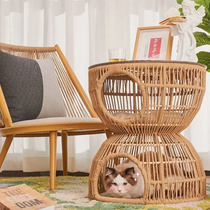 عش قطط ياباني بسيط ومبتكر بطبقة مزدوجة، زاوية أريكة، شرفة غرفة المعيشة، الناس والقطط يشاركون قهوة صغيرة من الخيزران #2