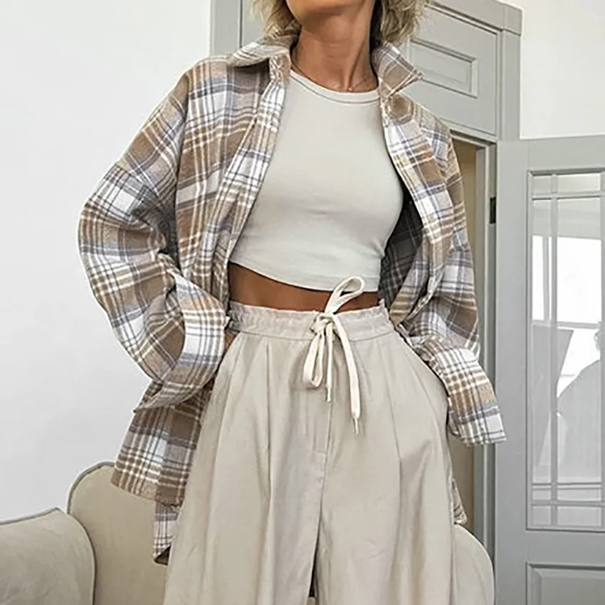 Camisa Retro para mujer primavera otoño moda a cuadros suelta Casual estilo viajero Tops manga larga solapa ropa de un solo pecho