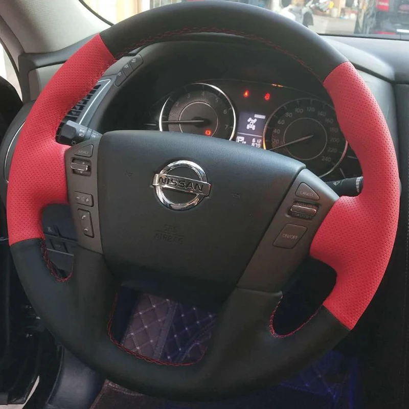 

Hand-sewn Car Steering Wheel Cover for Nissan Patrol Y62 2012-2018 Teana J32 Microfibre Leather on Steering Wheel Braid