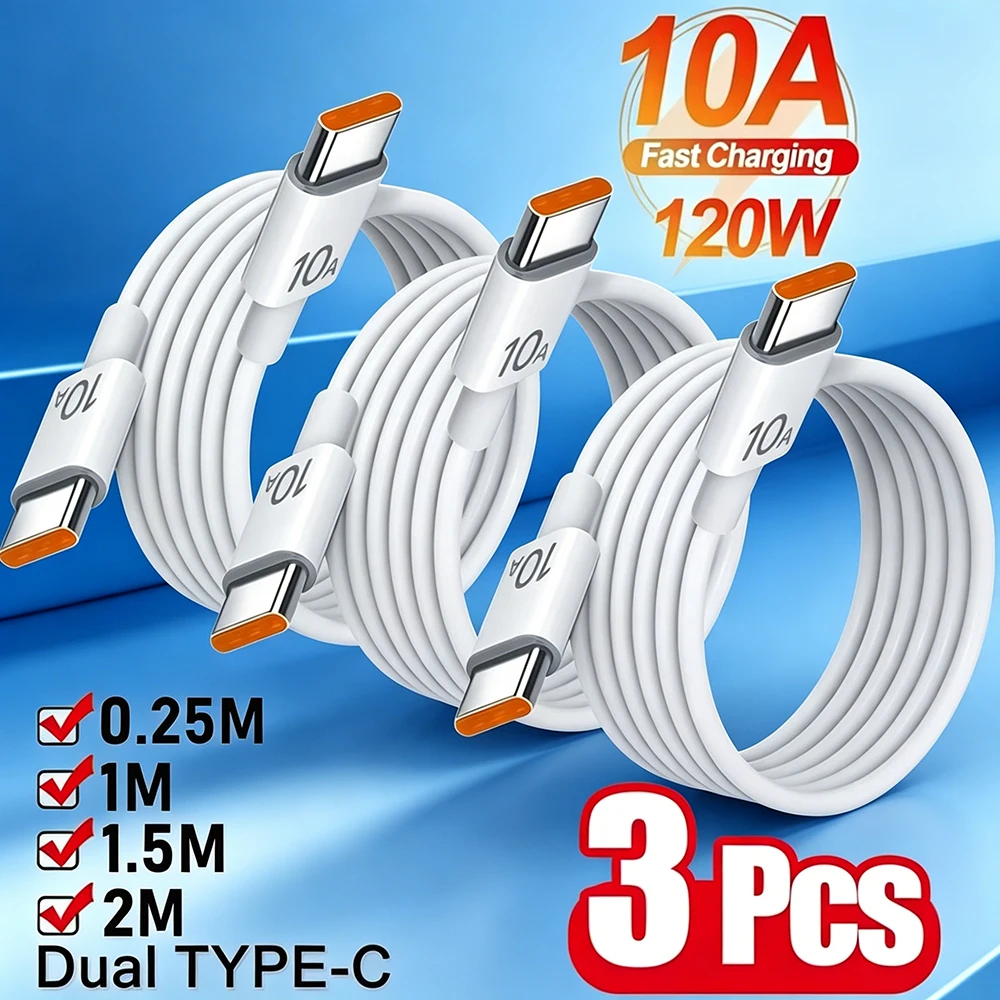 3Pcs 120W Type C Cable 10A Super Fast Charging Phone Charger Data Cord For iPhone Samsung Xiaomi Huawei USB C Quick Charge Wire