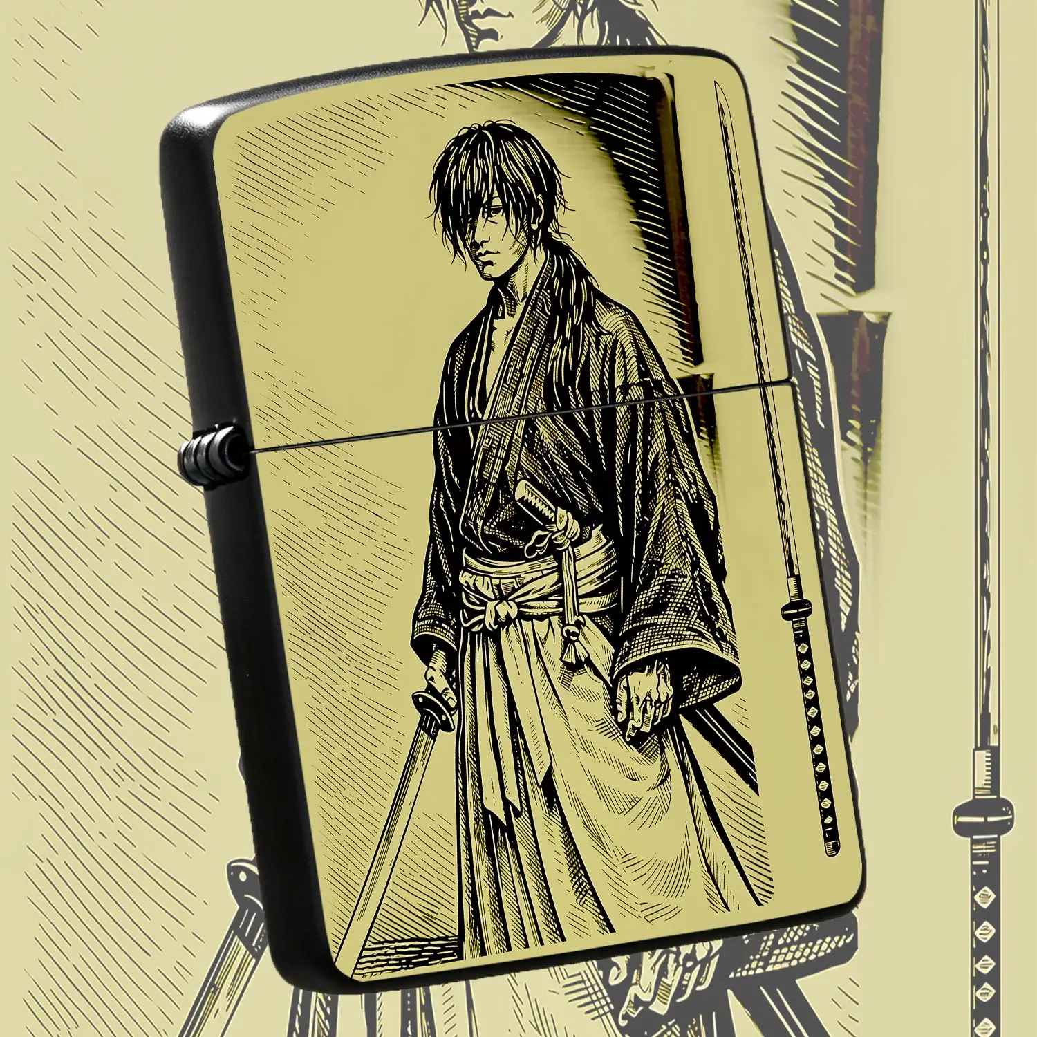 Vintage Ukiyo-E Style Samurai Ronin Pattern Lighter, Portable Practical Accessory For Daily Use Outdoor Activity Home Decorgifting, Unique Stylish Carry-On Tool Suitable For All Scenarios   A Humorous And Interesting Lighter
