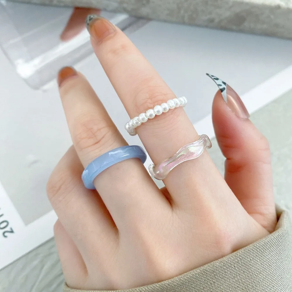 Street Essentials Vegetarian Circle Beads Party Favors Women Pearl Ring Set Popular Accessories Korean Style Resin Ring