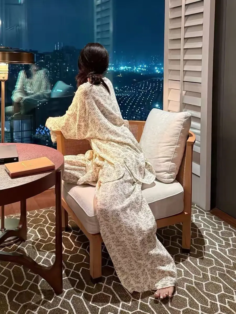 Laid-back Home 26 Spring Summer New Korean Artistic Coffee Loose Tie Thin Sleepwear Set plus Size Trendy V-neck Long Sleeve