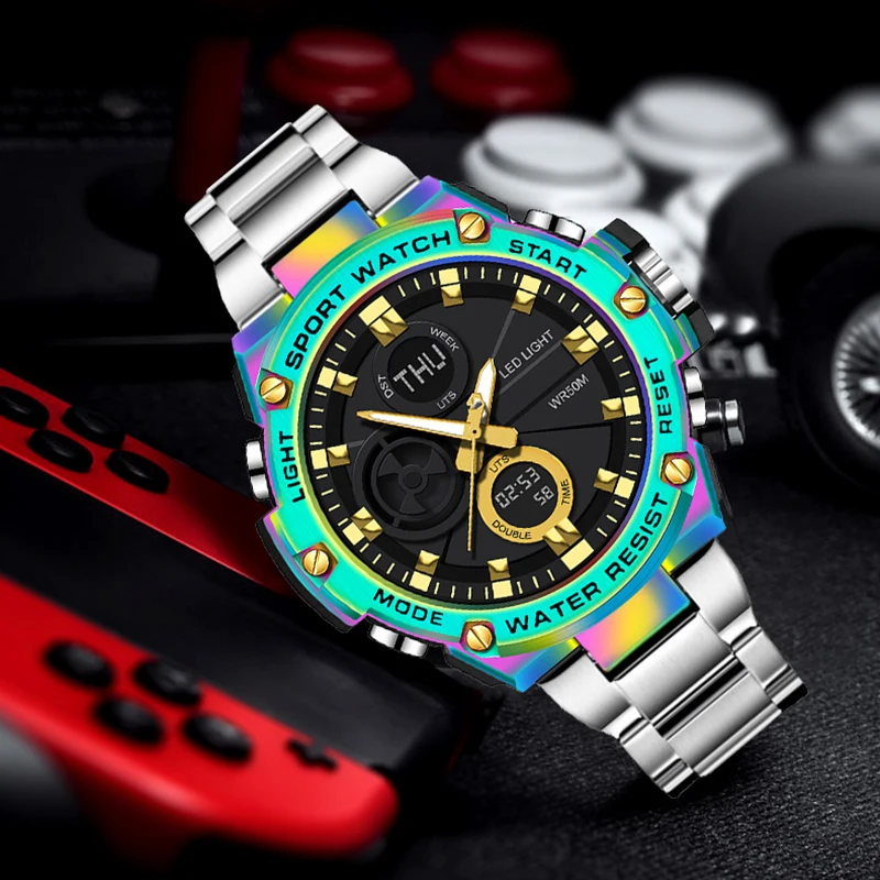 탑 럭셔리 스포츠 쿼츠 크로노 그래프 시계 캐주얼 방수 듀얼 디스플레이 합금 쿼츠 시계 남자 군사 시계 FOXBOX