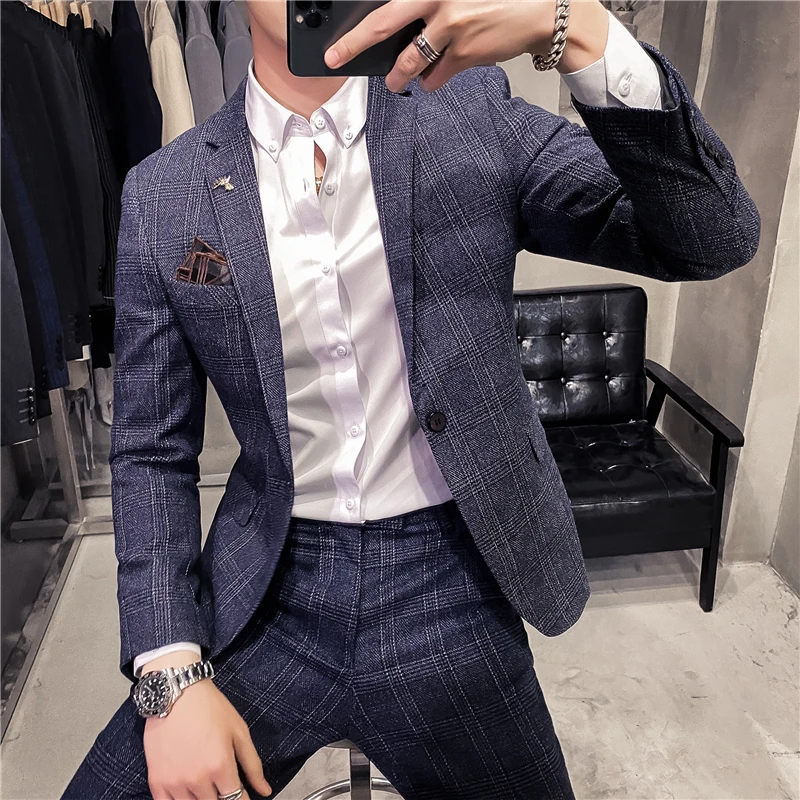 (Jacket+Pants) 2024 Groom\'s Wedding Dress High Quality Business Suits Men\'s Plaid Slim Fit Casual Tuxedo Fashion Blazers 6XL 7XL