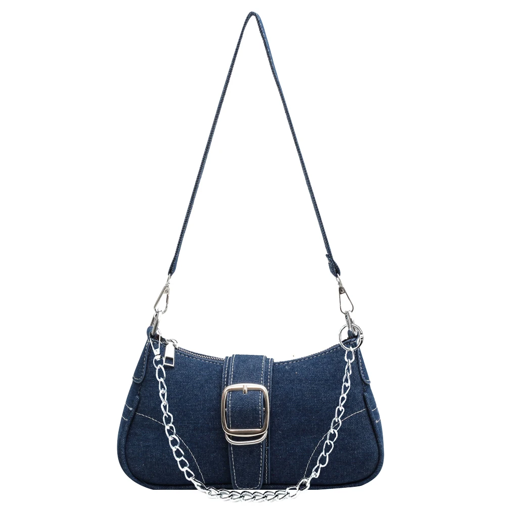 Women Denim Shoulder Bag Buckle Decor Retro Tote Handbag Fashion Denim Underarm Bag Casual Evening Satchel Bag