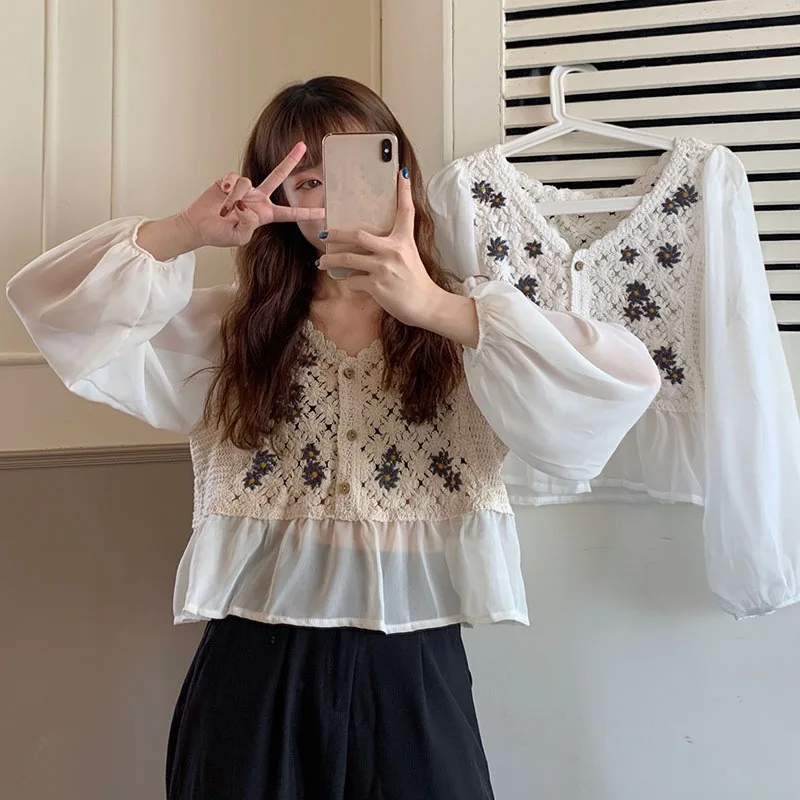 Hollow Crochet Long Sleeve Chiffon Blouse Top Women Elegant Short Style Sweet And Spicy All-Match Leisure Versatile Summer