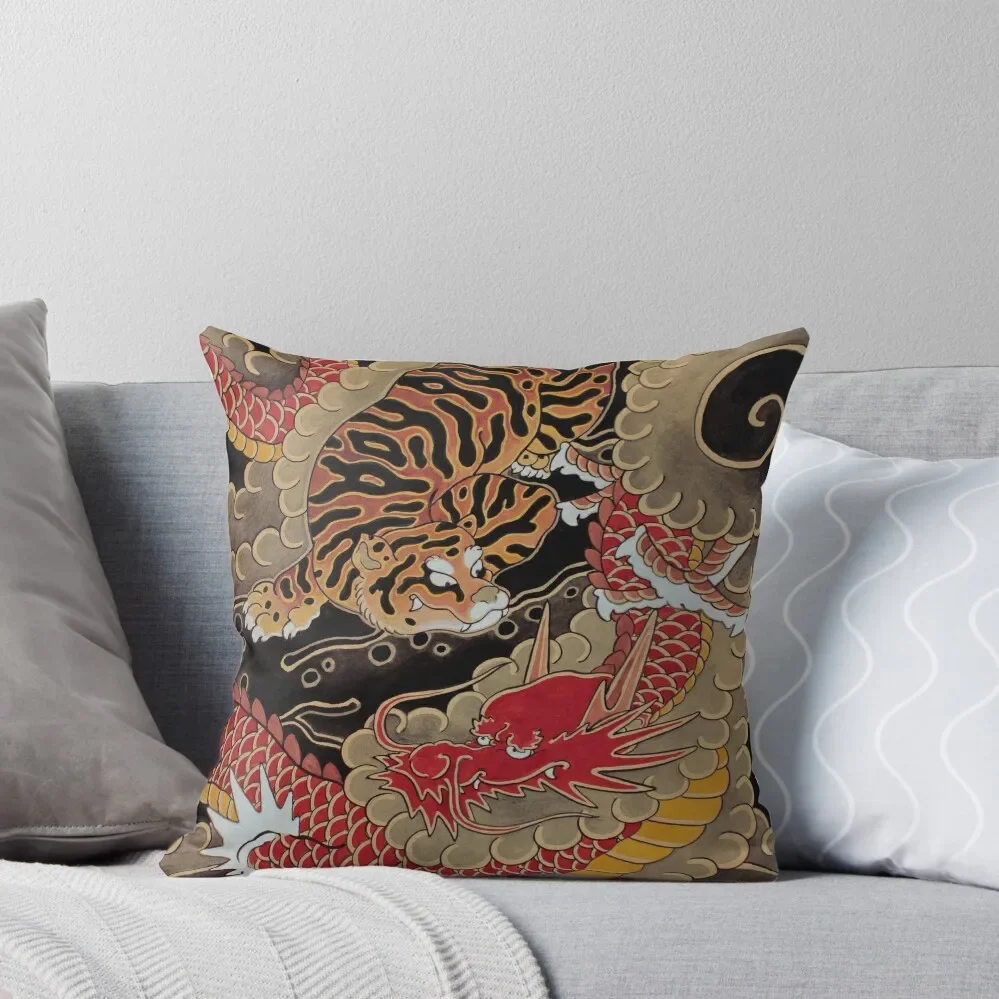 

Traditional Japanese Irezumi Tiger And Dragon Throw Pillow Cusions Cover home decor items pillow