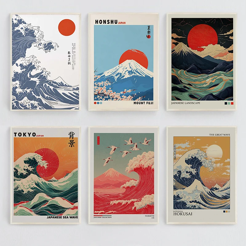 Classic Vintage Sunrise Temple Landscape Poster Japanese Mount Fuji Waves Canvas Print Retro for Home Living Room Decor Gift
