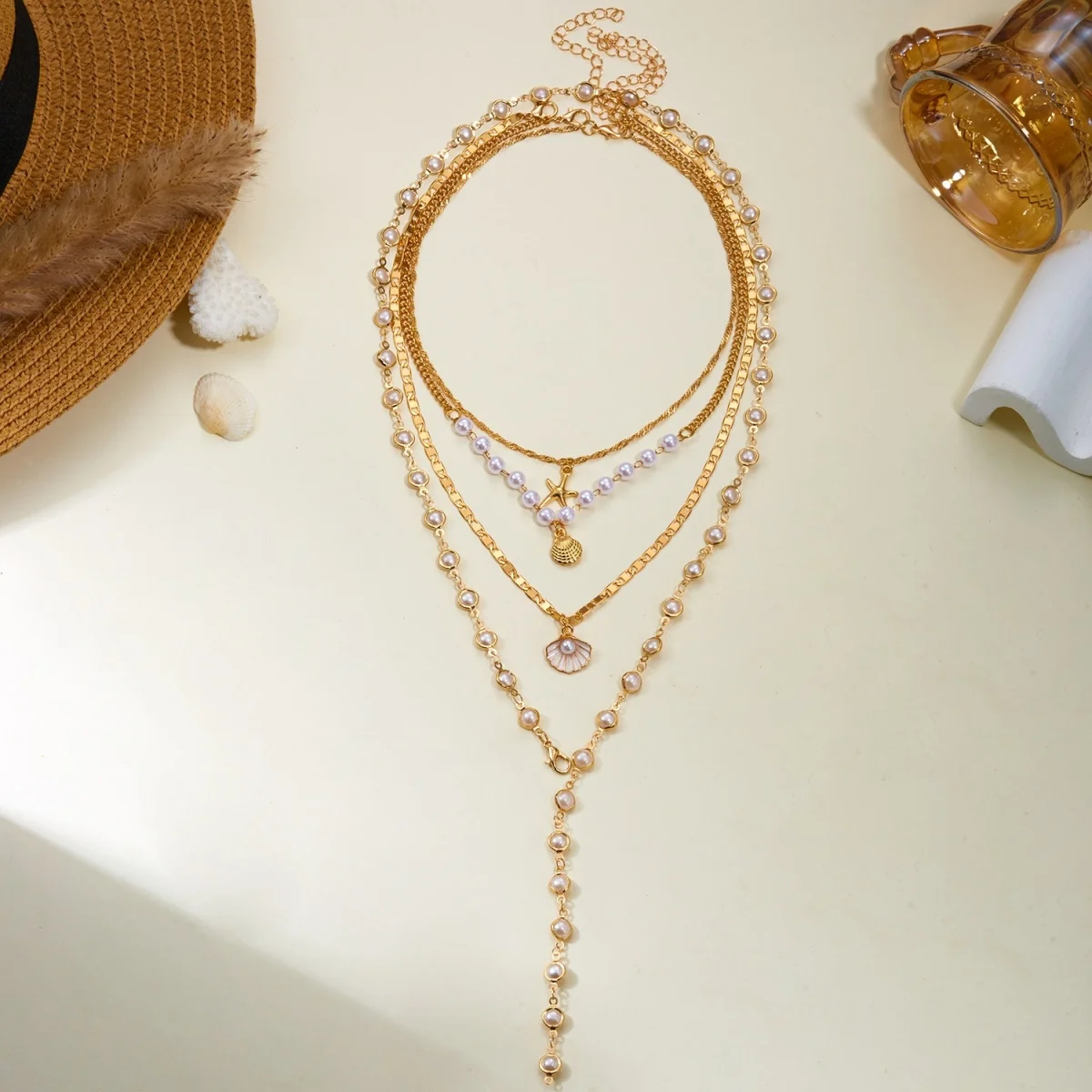 Sommerliche Muschel-Sternfisch-Halskette mit simulierten Perlen, Y-förmig, für Damen und Herren, Boho-Stil, meeresinspiriert, stapelbar, Choker, Schmuck für den Urlaub am Meer – Detail 20
