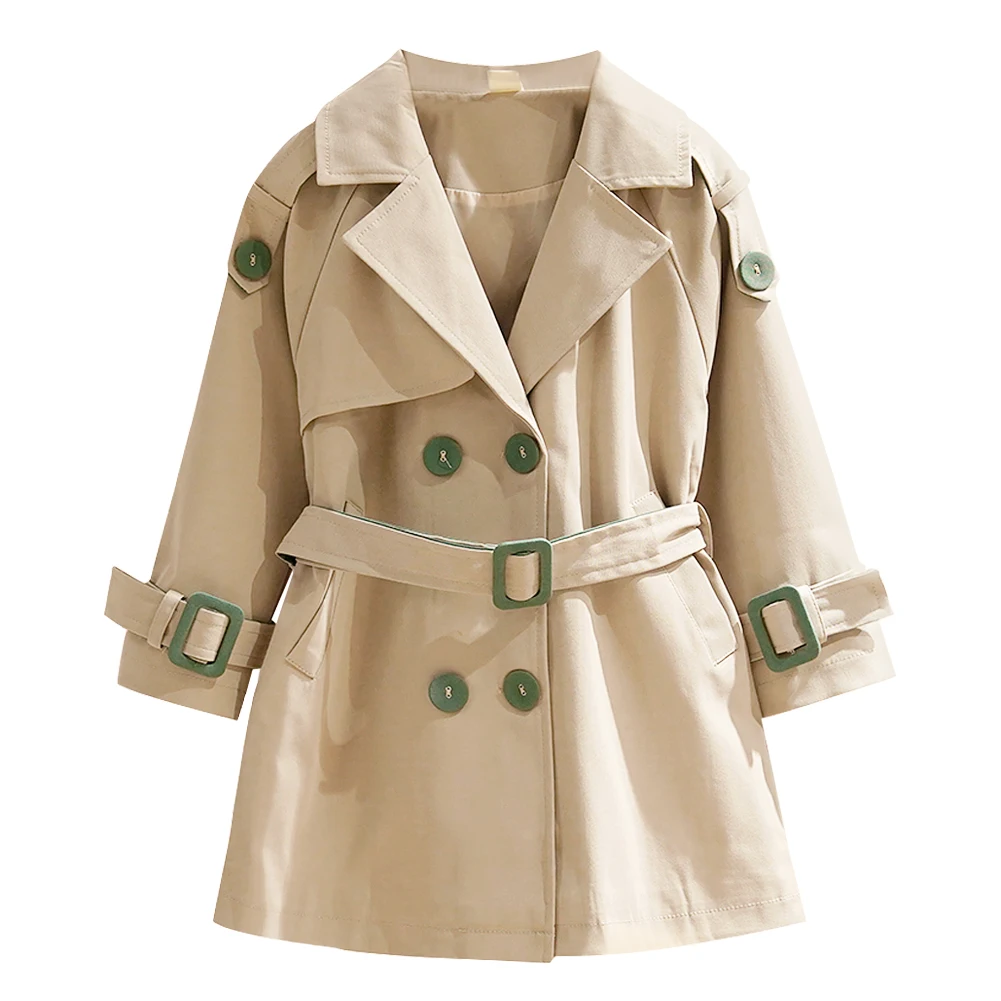 Double-breasted Girls Windbreaker with Belt Embroidered Khaki Trench Coat Long-Style Tailored Collar Kids Overcoat