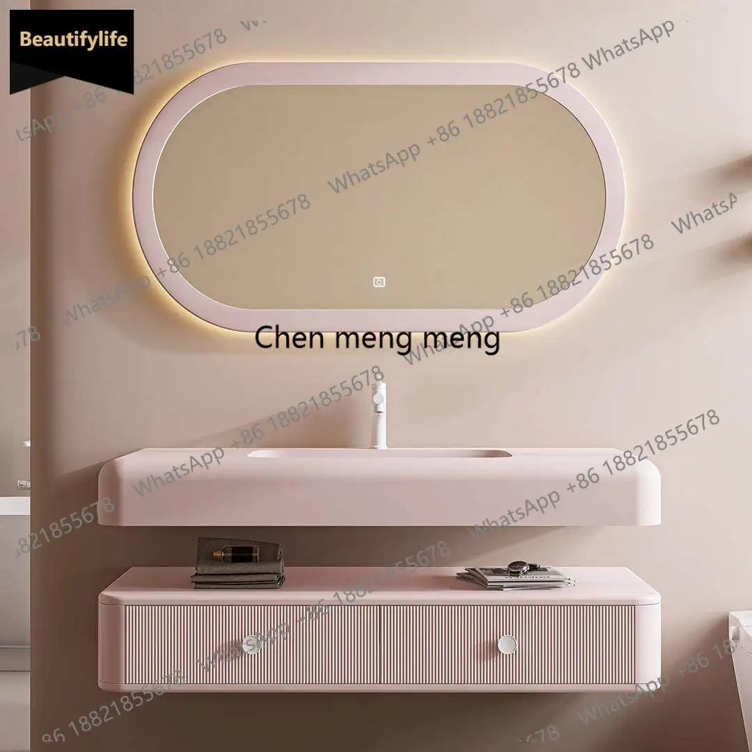 S178 Cream Wind Pink Corian Integrated Basin Rubber Wood Paint Smart Bathroom Cabinet