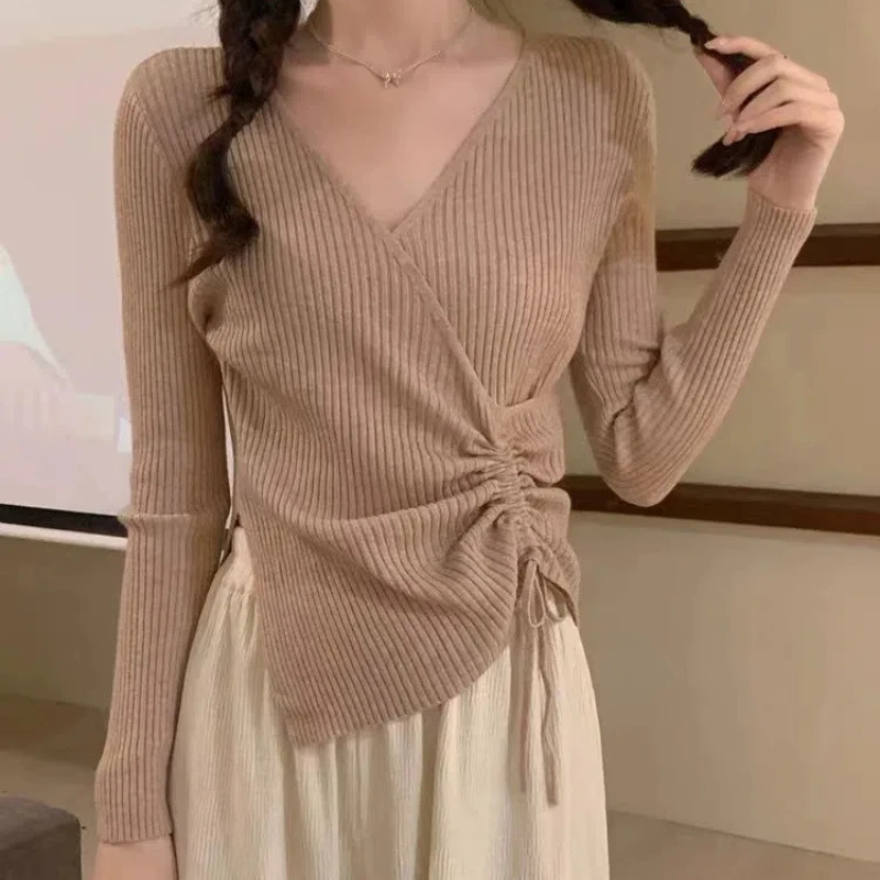 Autumn and Winter New V-neck Pullover with Inner Sweater for Women Irregular Design Slim Fit Slimming Effect Knitted Base