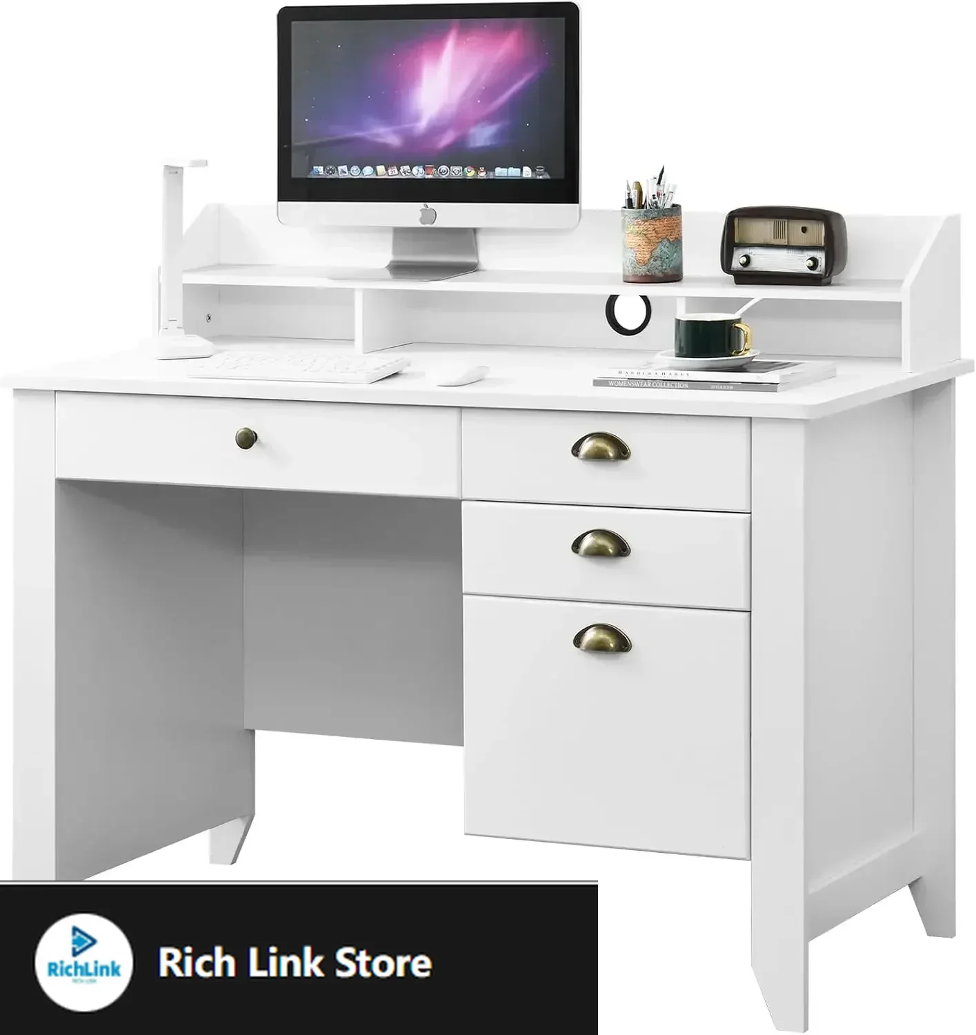

White Desk with Drawers, 47 Inch Home Office Computer Desk with File Drawers Student , Small Desk with Drawer for Bedroom, White