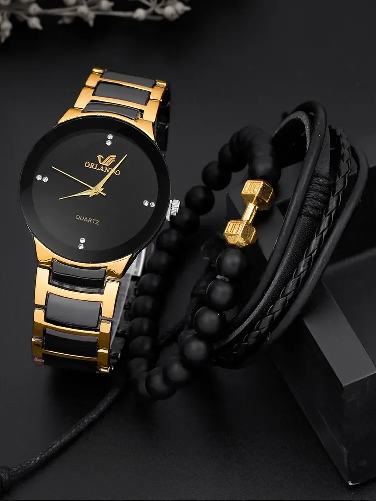 3PCs Fashion Personalized Men\'s Steel Band Quartz Watch with Bracelet Set