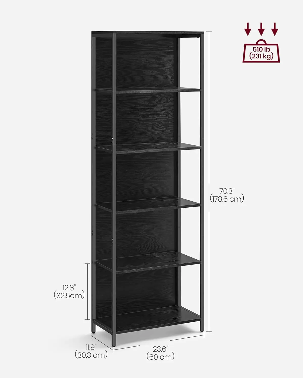 Bookshelf, Display Shelf ，Bookcase with Steel Frame, 11.9 x 23.6 x 70.3 Inches, for