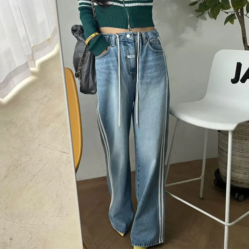 

Retro High Waist Wide Leg Jeans Women's Cool Spicy Fashionable Straight Floor-Length Pants with Drawstring Side Stripes