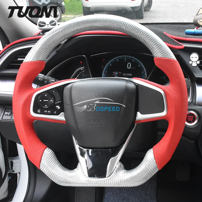 

Custom Car Steering Wheel For Honda City Civic Accord CRV Fit Silver Carbon Fiber Red Perforated Leather