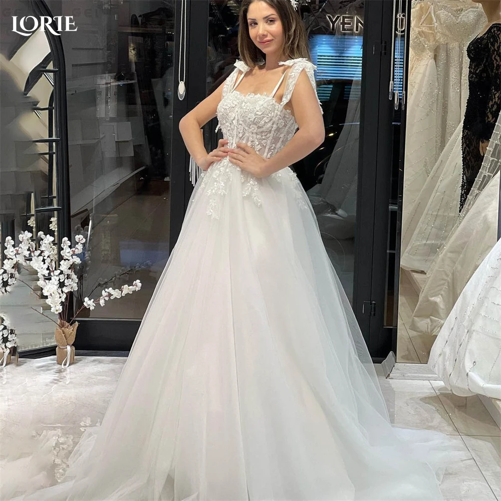 

LORIE Bohemia Lace Wedding Dresses Bow Appliques Spaghetti Straps A-Line Sweetheart Bridal Gowns Princess Bride Dress Custom