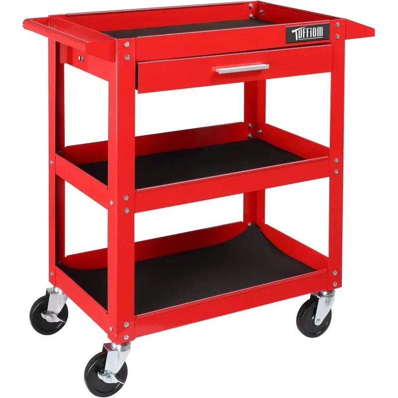 3 Tier Rolling Cart, 330 LBS Capacity Industrial Service Cart, Heavy Duty Steel Utility Cart, Organizer with Drawer, P