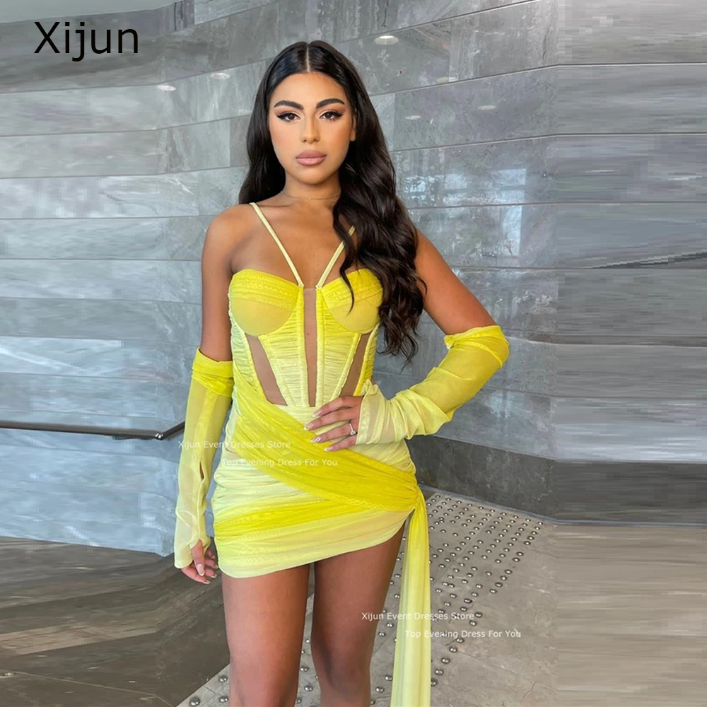 

Xijun Yellow Chiffon Sleeveless Mini Formal Event Party Dresses Short Custom Made Dubai Cocktail Evening Gowns Night Club Dress