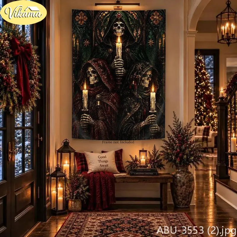 VIKAMA Gothic Black Robe Skeleton Candle Tapestry, Background Cloth, Living Room Party Wall Decor