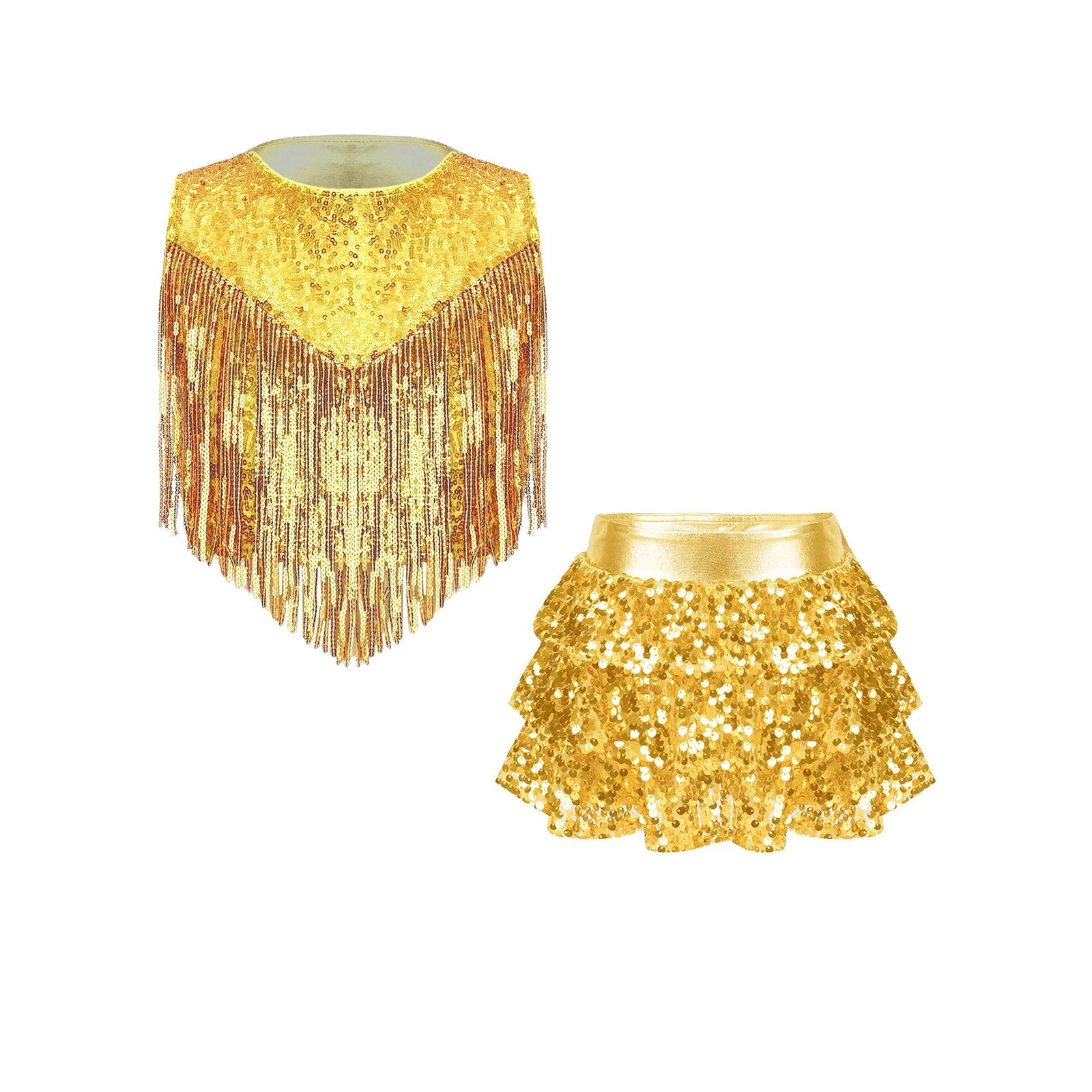 أطفال بنات 2 قطعة 70S ديسكو الجاز أزياء رقص لامعة الترتر أكمام الصدر شرابات مع طبقات كشكش متجنب السراويل