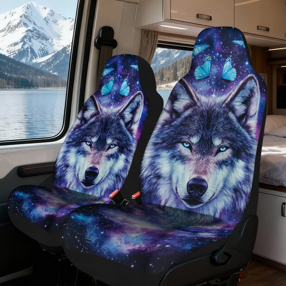 Juego de fundas para asientos de coche con estampado de lobo y diseño de lobo y noche estrellada, poliéster duradero, fácil instalación, comodidad para todas las estaciones, 2 uds.