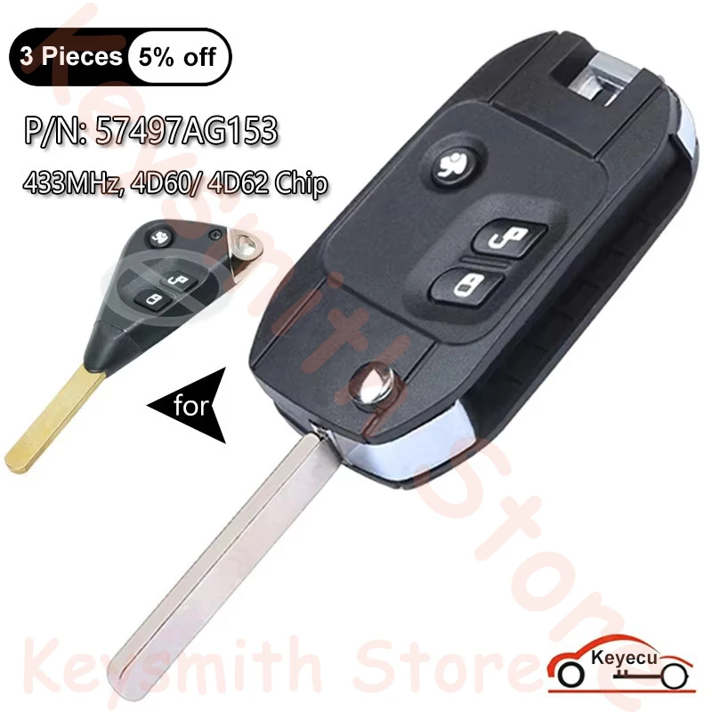 

KEYECU 3 кнопки 433 МГц 4D60 4D62 чип для Subaru Forester Impreza Liberty Outback Tribeca автоматический модифицированный флип-брелок с дистанционным управлением