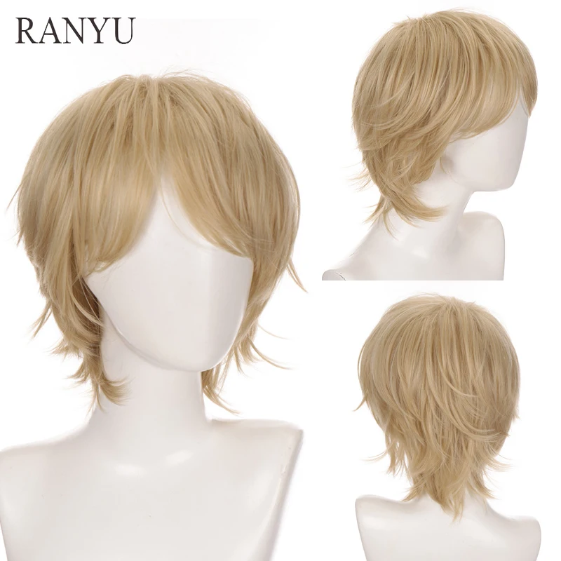 RANYU Short Synthetic Wig Blonde Men Straight Hair Wig for Anime Cosplay Daily Party Heat Resistant