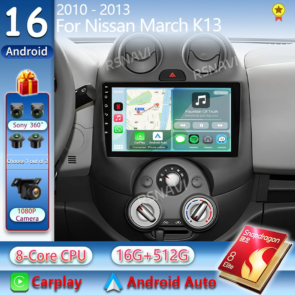 Radio para Auto Android 16 para Nissan March K13 2010 2011 2012 2013, Reproductor Multimedia con Navegación GPS, WiFi+4G, Video, DSP, BT, Carplay