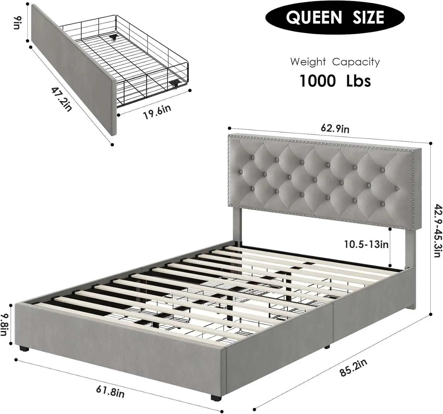 Queen Size Bed Frame with 4 Storage Drawers, Modern Upholstered Platform Bed with Adjustable Headboard,Button Tufted Bed Frame w