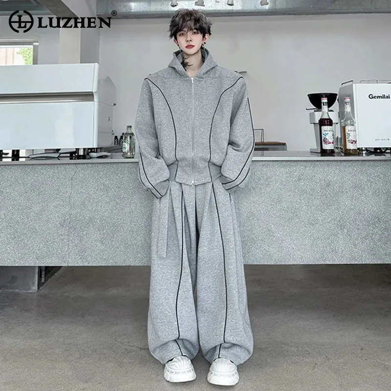 LUZHEN Fashion Street Two-piece Sets 2025 Autumn New Stripe Patchwork Baggy Sweatpants Men's Double Zipper Hooded Coat JY4212