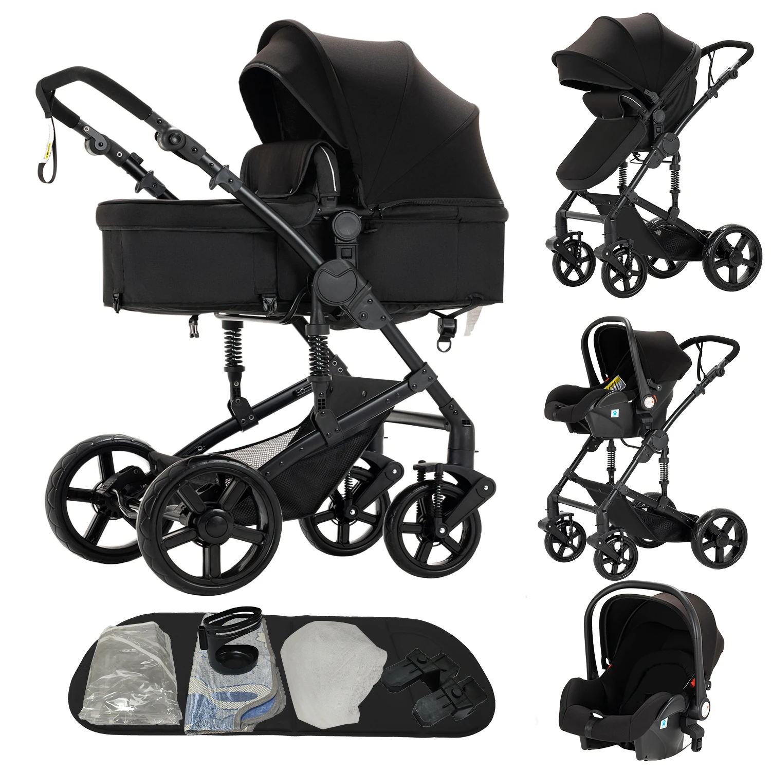 3-in-1 Babywandelwagen met autostoel, kinderwagen, zit- en ligstand, voor pasgeborenen, tweerichtings duwbaar, opvouwbaar reissysteem