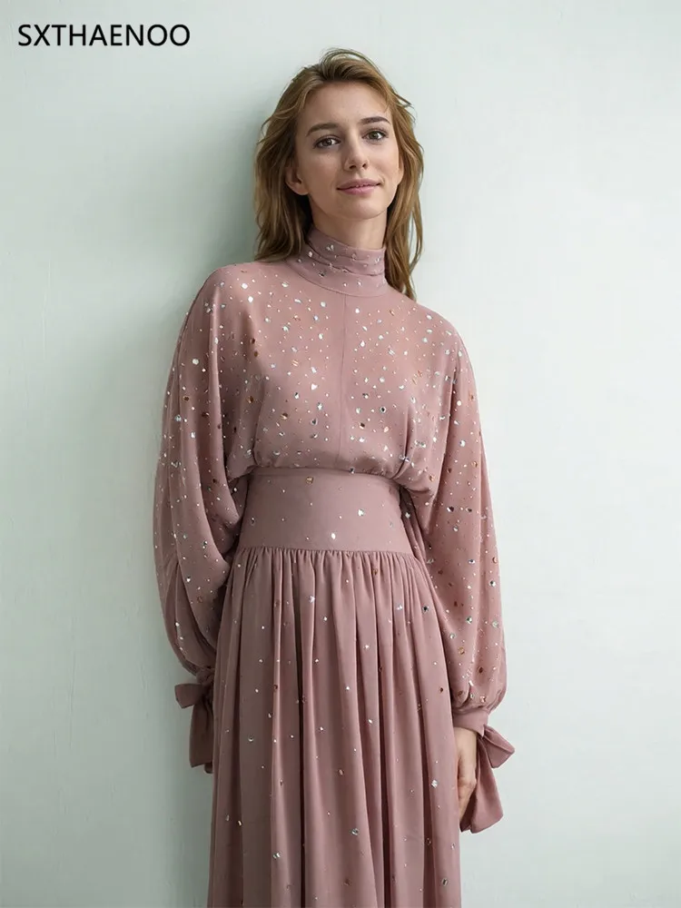 

SXTHAENOO Trendy Women's Dusty Pink Sequin Two-Piece Set, High Neck Long Sleeve Blouse & Maxi Skirt Elegant Style Event & Date