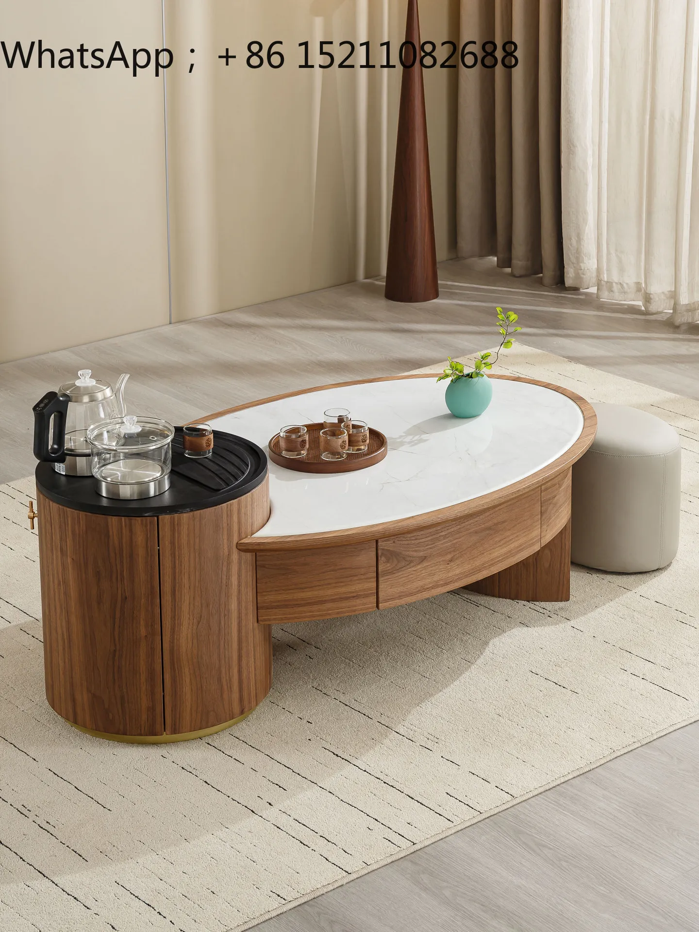 LLY marble living room household solid wood coffee table oval microcrystalline stone retro small apartment tea integrated