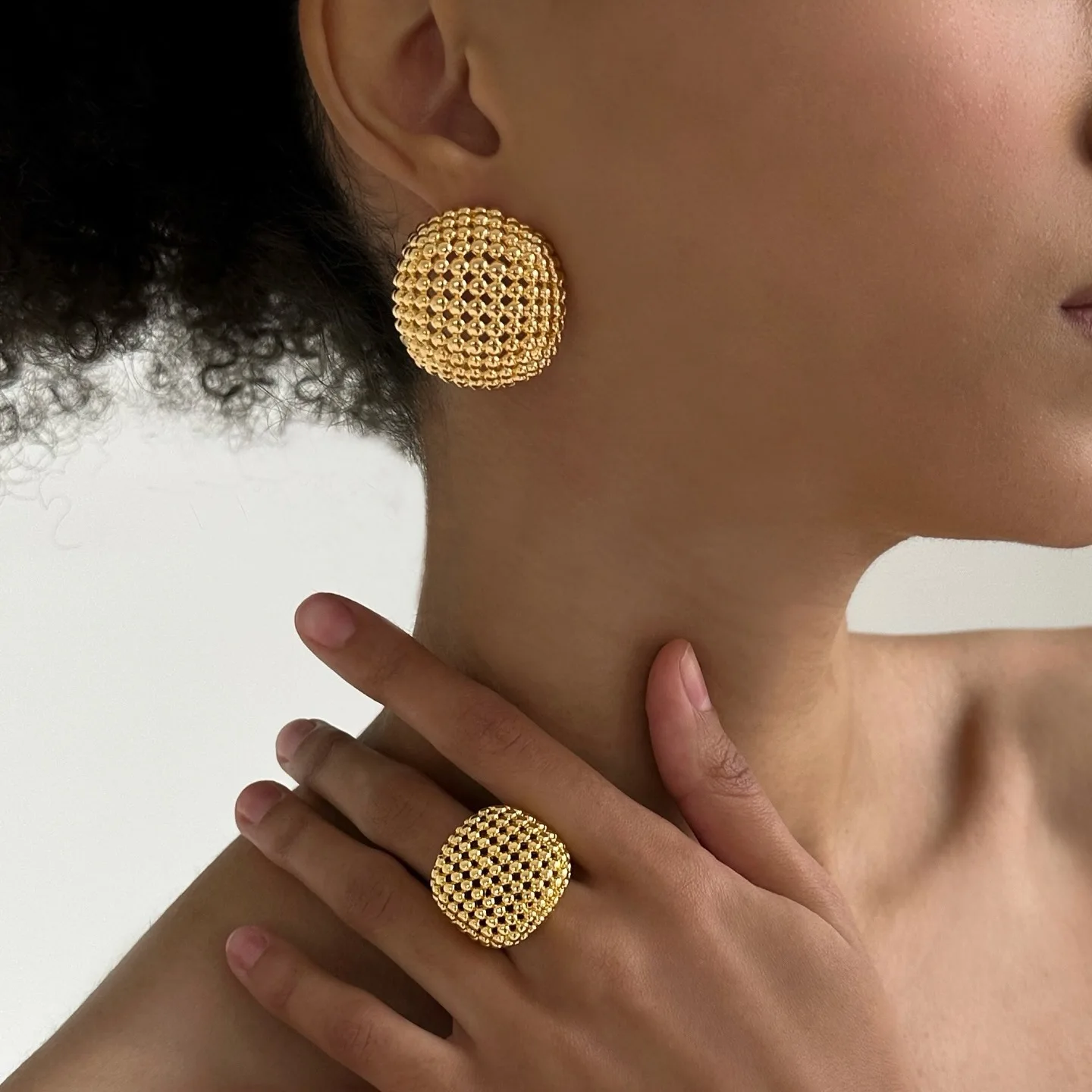 

Art Deco Jewelry Set - Vintage Geometric Ring & Hollow Earrings, Luxe Gold Plated Stackable Boho Matching Piercings for Women