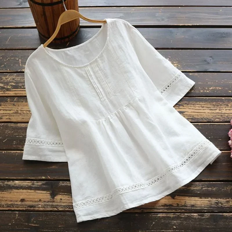 

Fashion O-neck Short Sleeve White Lace Tops And Blouses Women 2024 Summer Loose Casual Cotton Linen Top Femme Blouse Shirt Woman