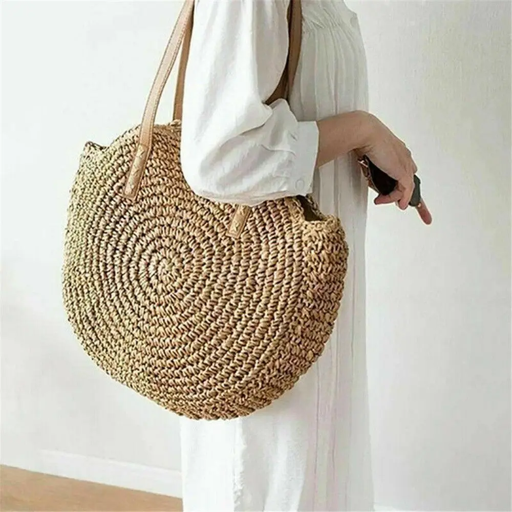 2022 NEW Fashion Boho Woven Handbag Straw Summer Beach Tote Shoulder Bag Round Rattan Bohemia Rattan Women's Top-Handle Bags