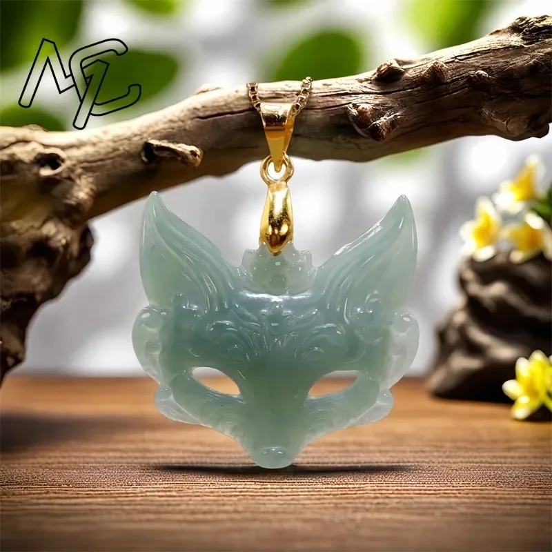 925 Silver Myanmar Jadeite Fox Mask Pendant Necklace Fashion Accessories Burmese Jade Gifts for Women Vintage Talismans - Image 2