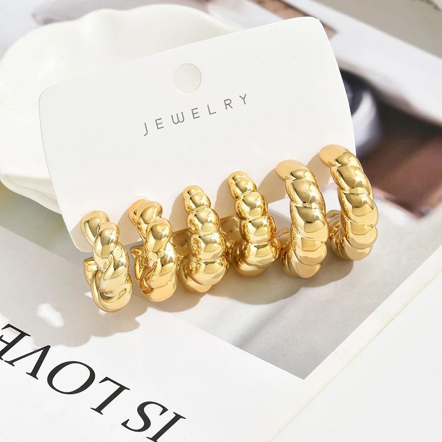 6pcs Chunky Irregular C Shaped Hoop Earrings Set for Women Teen Fashion Simple Teardrop Twisted Croissant Geometric Punk Jewelry
