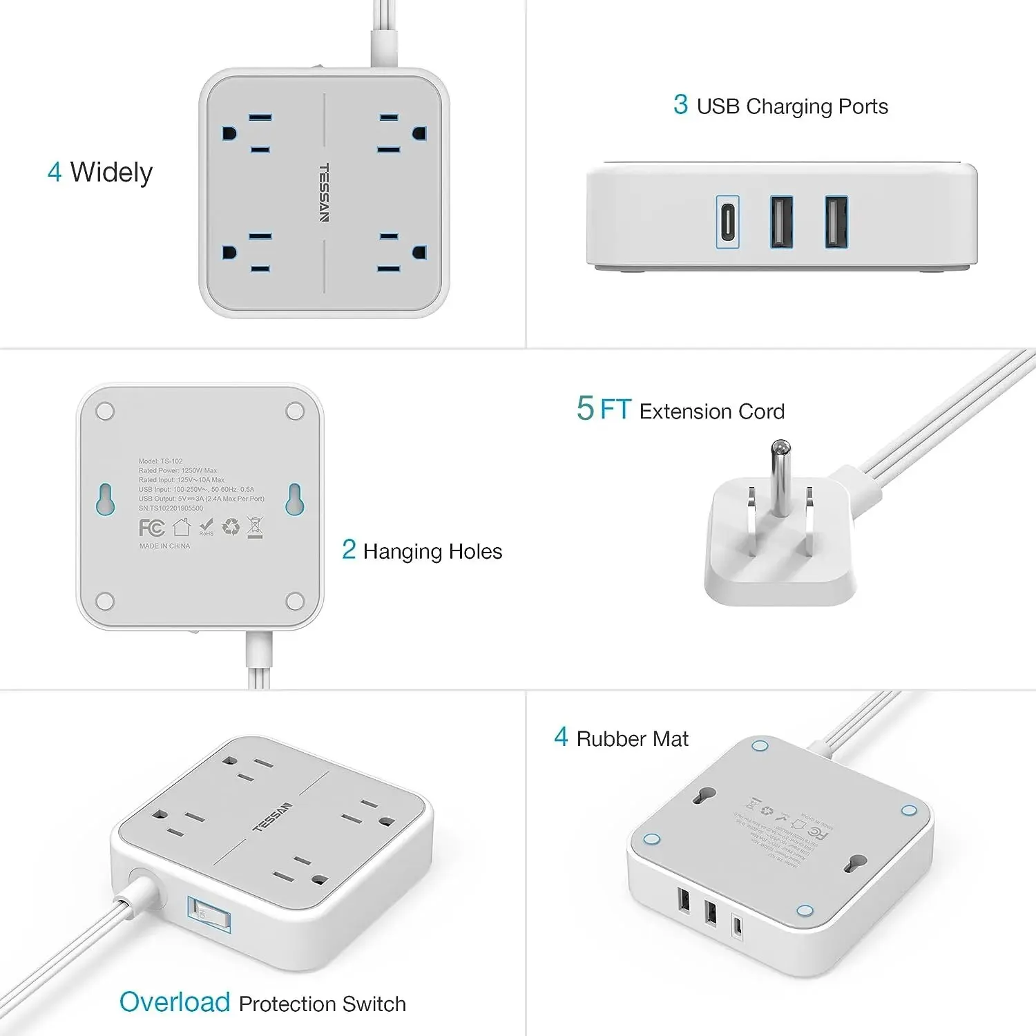 Ciabatta a spina piatta TESSAN con 4 prese ca + 2 porte USB + 1 presa elettrica tipo C 7 In 1 con cavo di prolunga Ultra sottile da 5 piedi