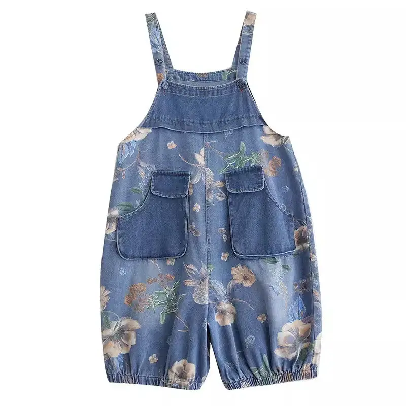 Summer Jumpsuit New Organ Large Pocket Retro Print Loose Big Size Denim Strap Pants Women's Shorts Thin Style Casual Jeans K1581