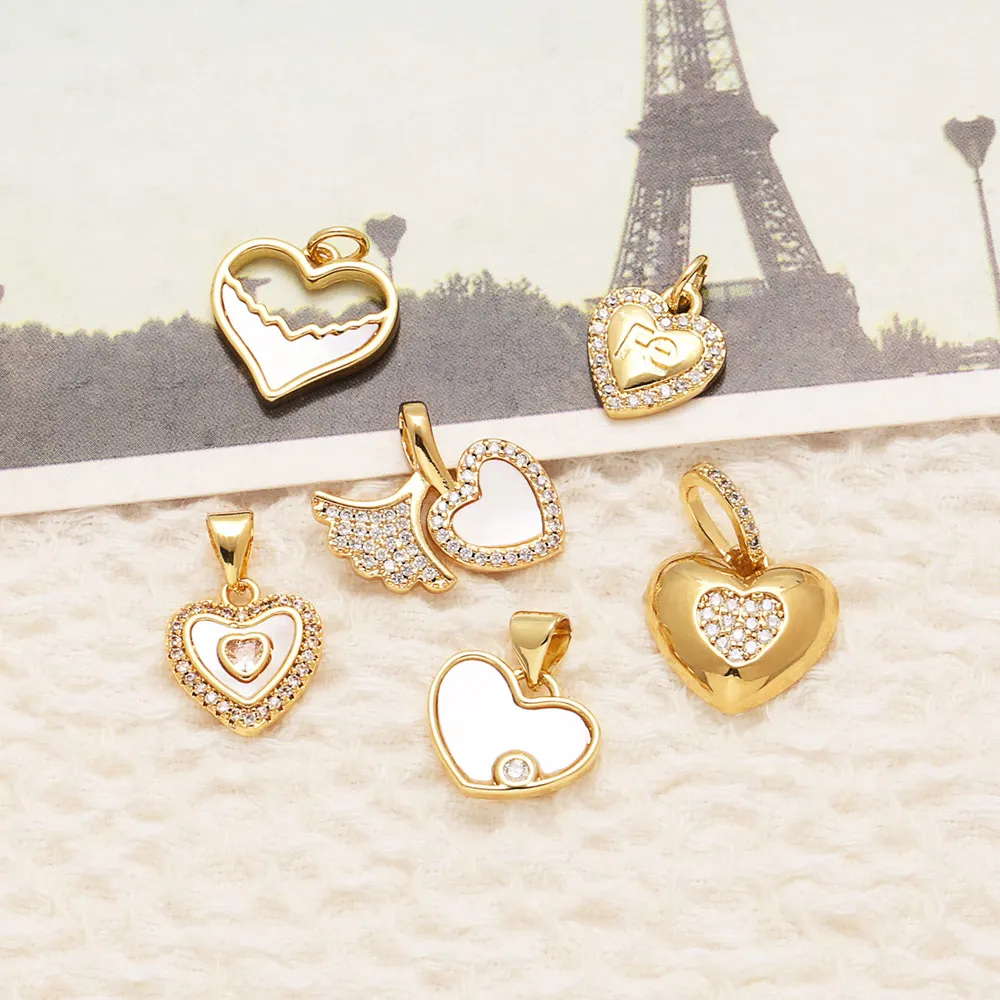 OCESRIO White Crystal Small Heart Charm for Bracelet Copper Gold Plated Shell FE Purse Charm Keychain Jewelry Making chma540
